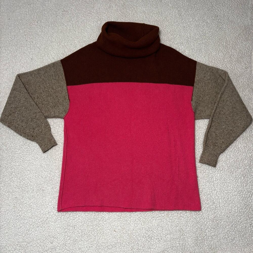 Free People Colorblock Ribbed Turtleneck Sweater M Pink Brown Gray Boho Fall